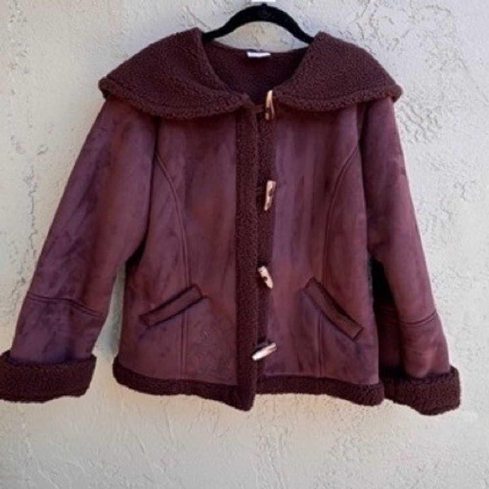 Disney Womens Brown Faux Suede Mickey Sherpa Jacket LARGE Embroidered Cozy - Picture 2 of 9